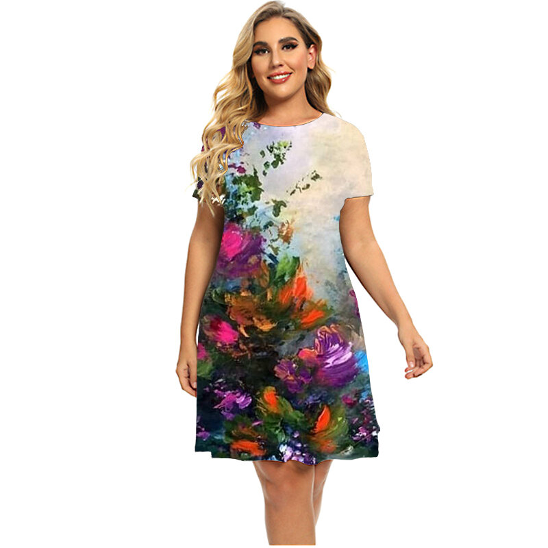 Summer Retro Floral Plant Pattern Dresses For 2023 Women Clothing Plus Size Short Sleeve Loose Clothing Casual 3D Print Dress