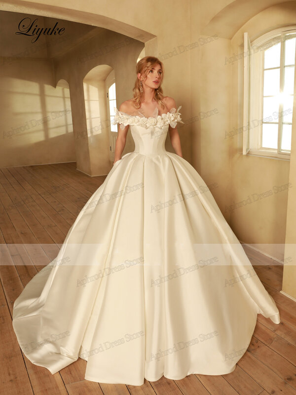 Elegant Wedding Dresses Satin Bridal Gowns Off The Shoulder Robe For Formal Party 2024 Flower Appliques Pretty Vestidos De Novia