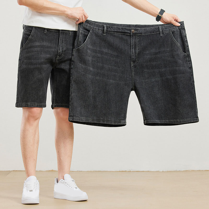 Celana pendek denim longgar pria, Bawahan longgar meregang ukuran besar pinggang tinggi 54 56 musim panas