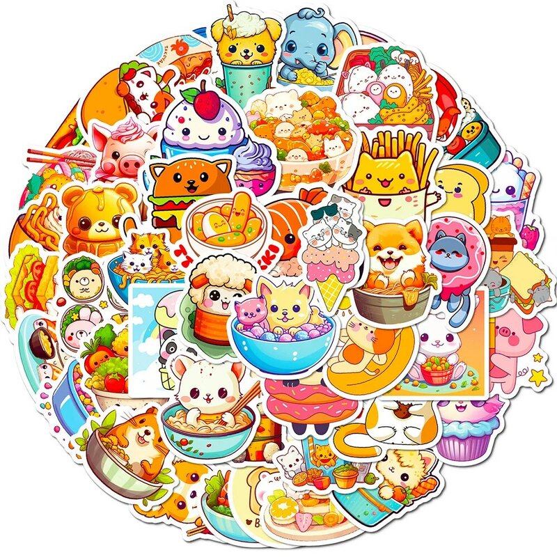 10/30/50 buah stiker dekorasi makanan hewan lucu gadis Kawaii DIY buku tempel gitar casing ponsel tahan air DIY stiker mainan anak-anak