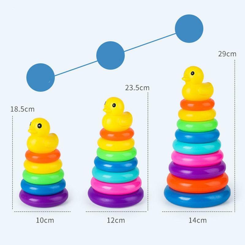 Torre de apilamiento de pato amarillo para niños pequeños, juguetes educativos Montessori, juguete de bañera de animales, Círculo de baño de apilamiento de arcoíris