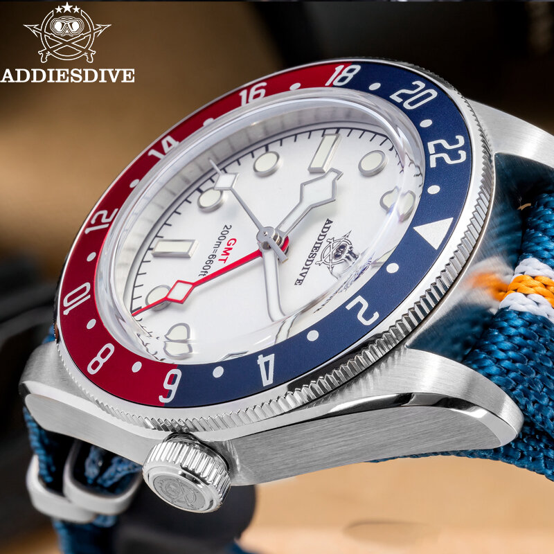 ADDIESDIVE 39mm zegarki kwarcowe niebieskie Super świecące szkło lustrzane bąbelkowe BGW9 Super świecące modny męski zegarek do zegarków 20bar GMT
