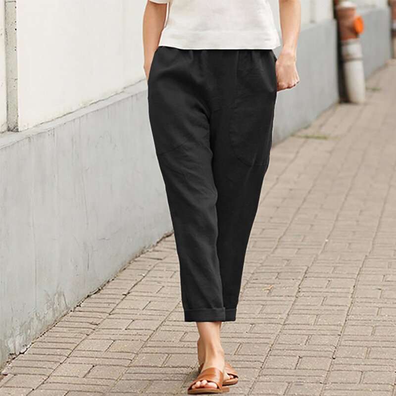Pantalones de pierna recta de algodón con bolsillo para mujer, pantalones sencillos de Color sólido, informales, sueltos, versátiles, uso diario