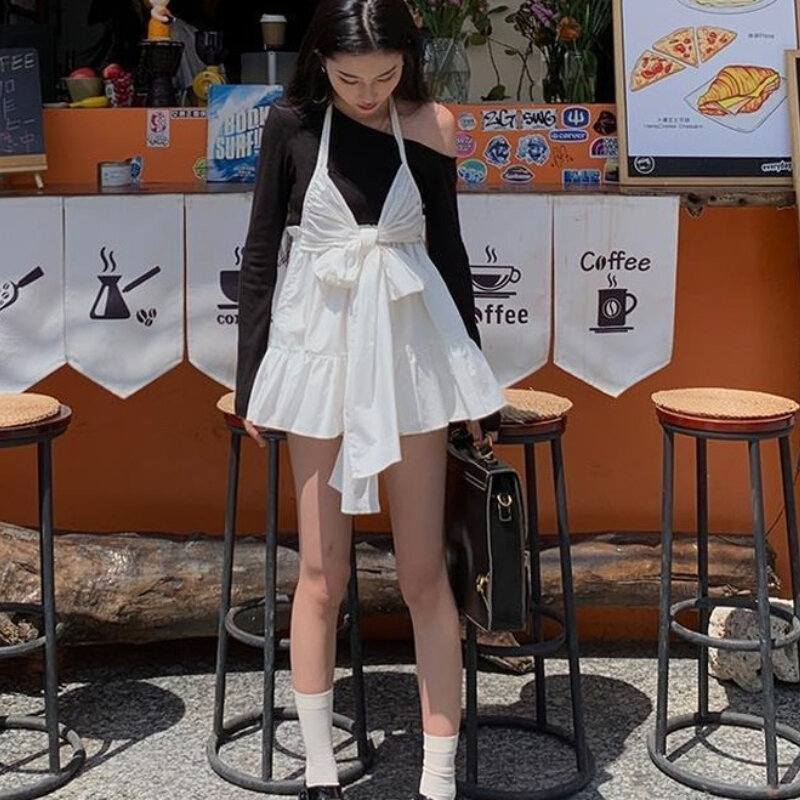 우아한 한국 스타일 단색 심플 레이디 보우 스트리트웨어 2 피스 레저 슬림 캐주얼 의상 여성용, 여름 패션