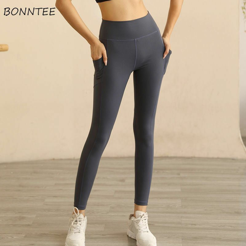 Casual Leggings Women Slim Solid Quick Dry High Waist Skinny Trousers Sporty Pocket Bodybuilding Breathable High Elasticity Soft