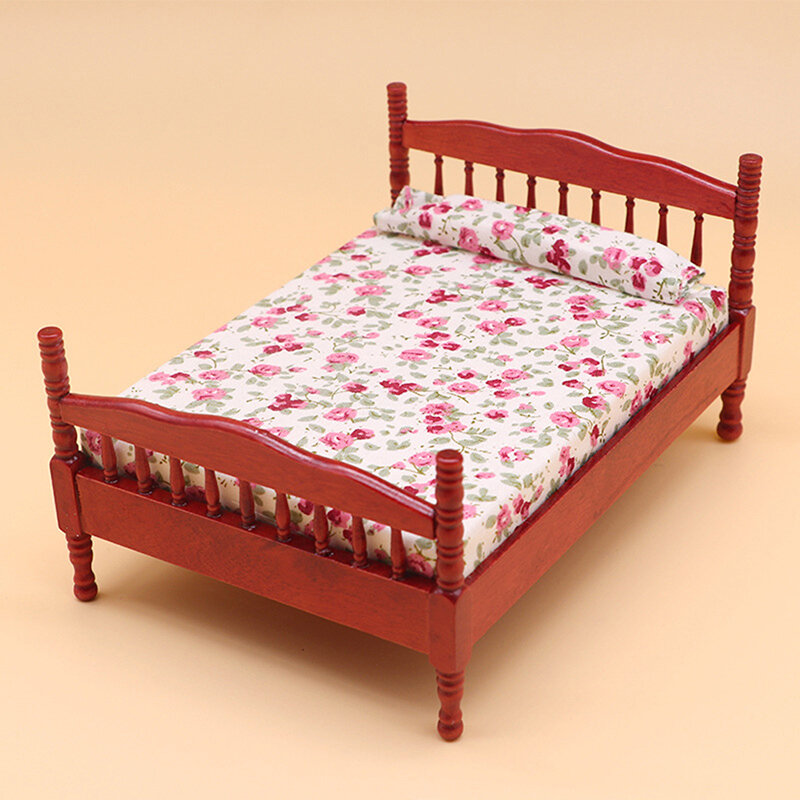 1:12 Dollhouse Miniature Double Bed Model European Bedroom Scene Furniture Accessories For Doll House Decor Kids Play Toys Gift