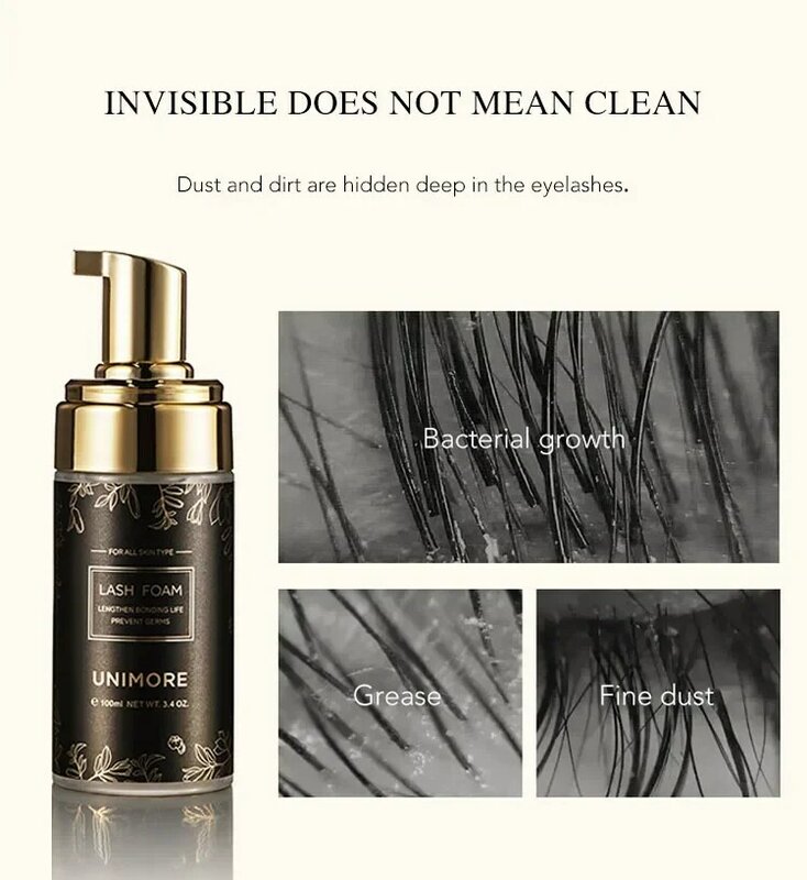 Unimore Lash Mousse Eyelash extension Shampoo 100ml Deep Cleaner Gentle for Cosmetics Super Soft Brush Lash Extension Supplies