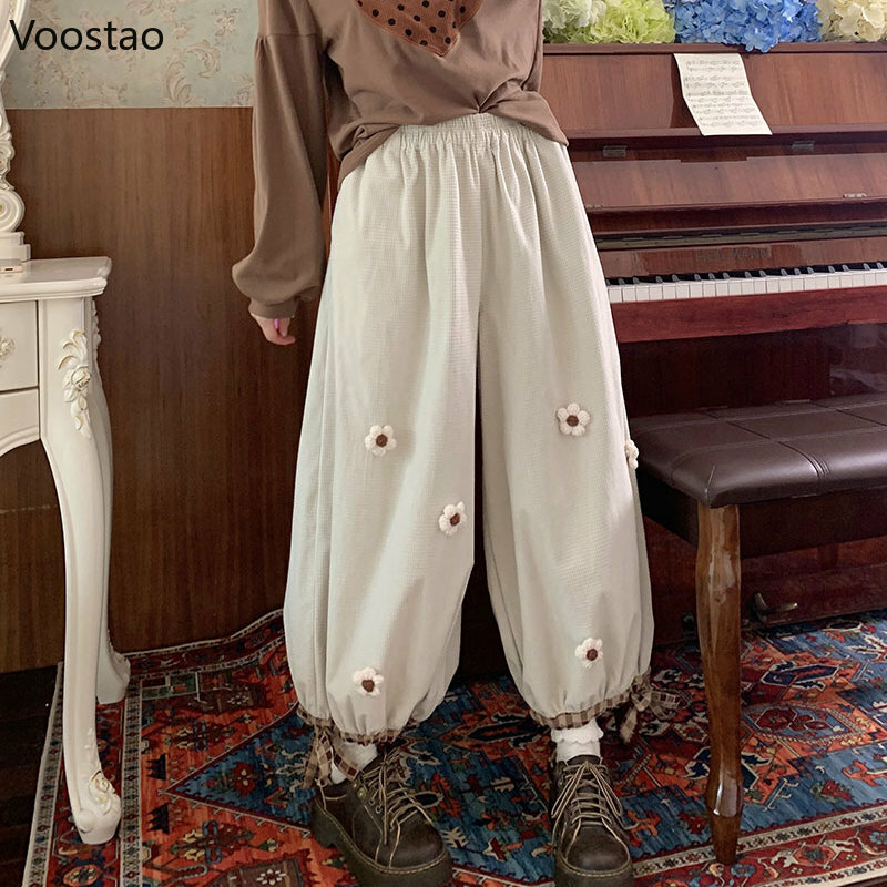 Японские милые цветочные вельветовые широкие повседневные брюки, женские винтажные милые свободные брюки, спортивные брюки для девочек в стиле Харадзюку, милые шаровары