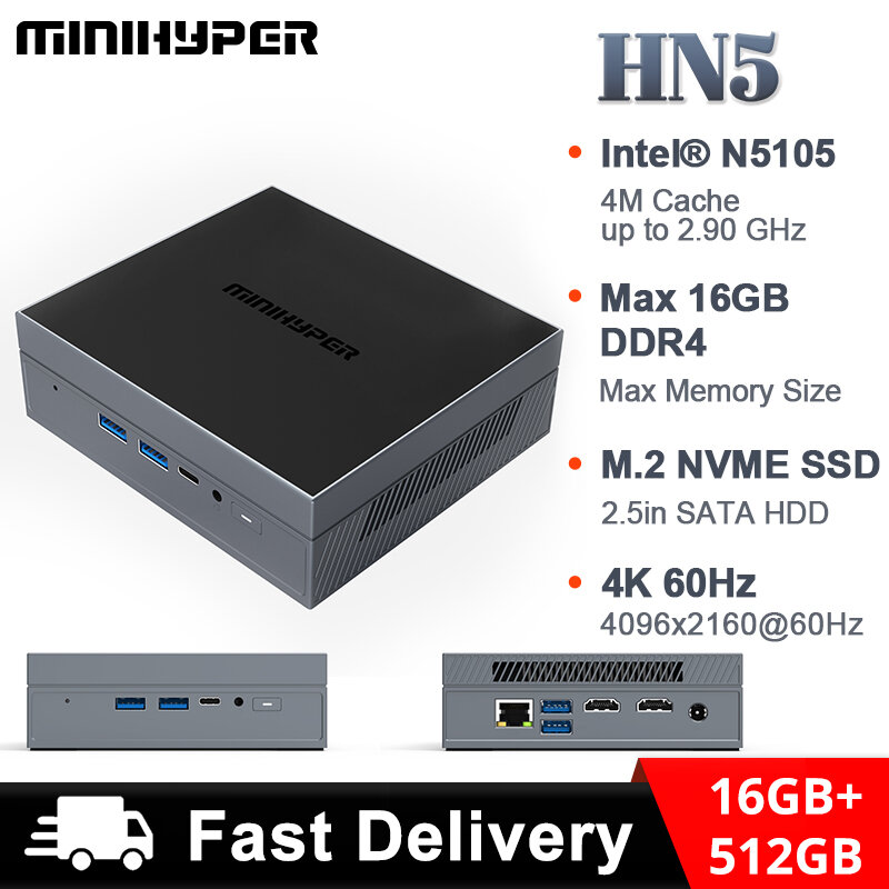 MiniHyper HN5 미니 PC 인텔 11 세대 셀러론 N5105 프로세서, 16GB DDR4 SO-DIMM x2 512GB 스토리지 SSD, PCIE DC 잭 HDMI USB