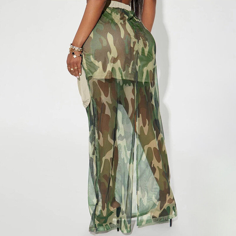 Mesh PersPective Light And Thin Camouflage Printed HigH Waisted Drawstring Patchwork Pocket Loose Street Work Style Long Skirt