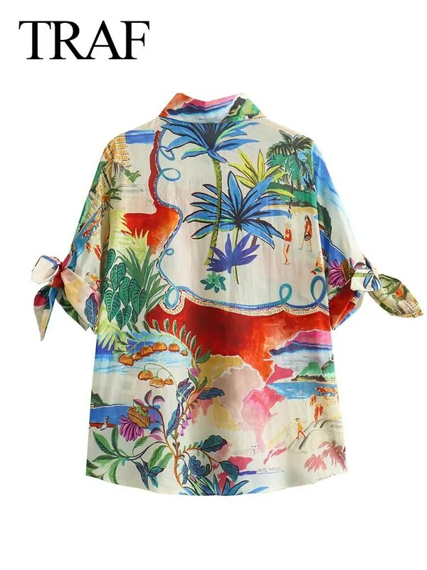 TRAF-Blusa de manga curta feminina, blusa estampada vintage, bolsos de peito único, decoração de lapela, casual, chique, elegante