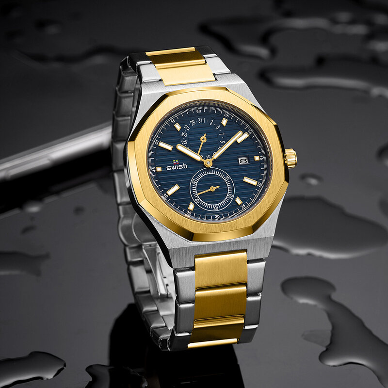 ผู้ชายหกเหลี่ยมนาฬิกา Patchwork ทองนาฬิกาธุรกิจนาฬิกาควอตซ์นาฬิกาข้อมือ