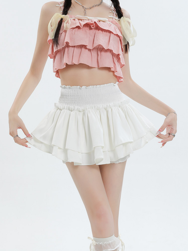 Милая Мини-юбка, шорты, Женская милая привлекательная белая юбка-балетка с высокой эластичной талией и оборками, Лолита в стиле пэчворк, Корейская юбка