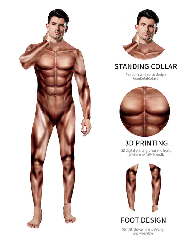 Men Cosplay Carnival Bodysuits 3D Muscle Printing Long Sleeve Women Clothing Sexy Skinny Elastic Halloween Jumpsuit Outfit