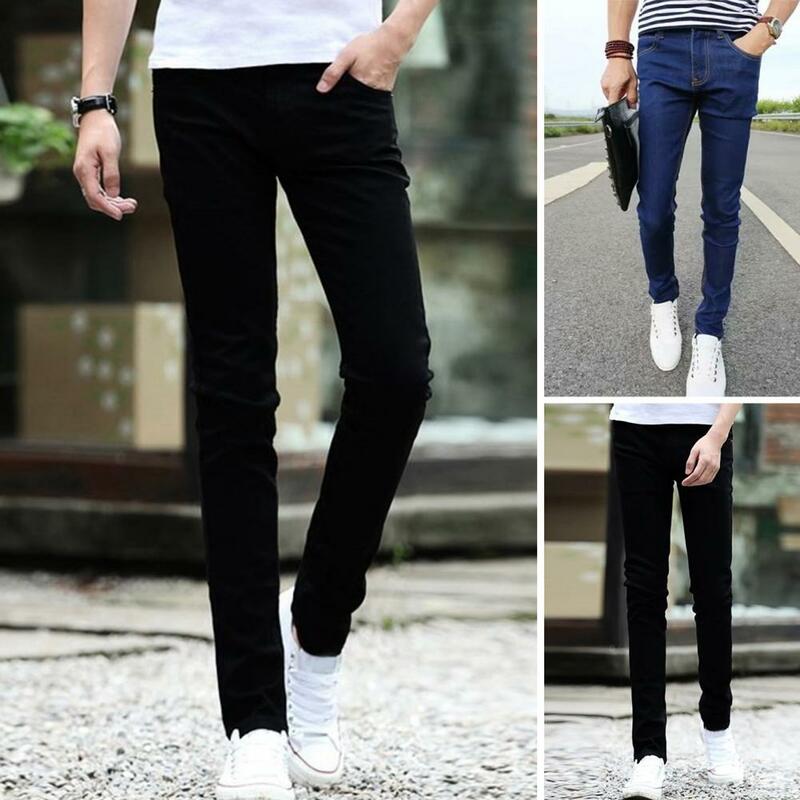 Jeans pensil sederhana 3D potongan Pria, Jeans elastisitas tinggi Slim Fit celana panjang Denim berdandan