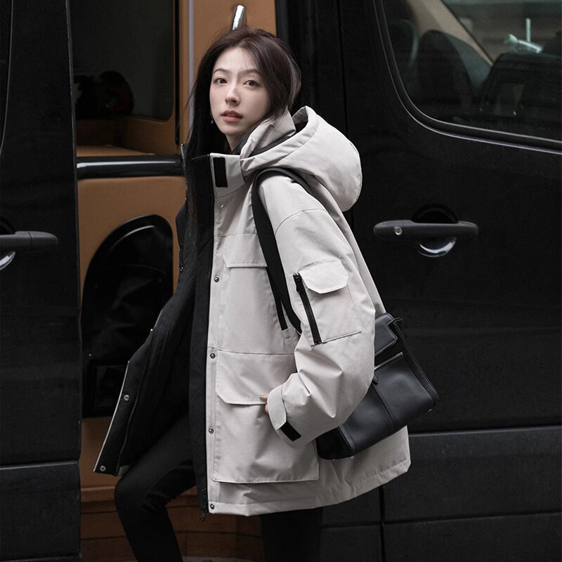 Cortavientos de moda coreana para niñas, abrigo cálido con capucha, diseño suelto con bolsillos laterales y cremallera, Invierno