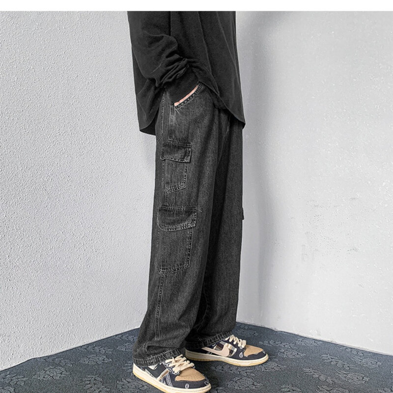 Pantalones vaqueros Retro de pierna recta para hombre, ropa de trabajo informal personalizada, bolsillos sueltos, piernas anchas, estilo callejero americano, tendencia de otoño