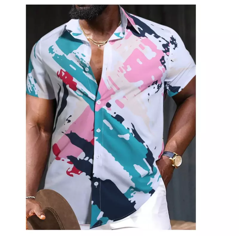 Camisa de manga curta masculina, Camisa quadrada com gola estampada criativa, Rua retrô elegante, Roupa confortável, Alta qualidade