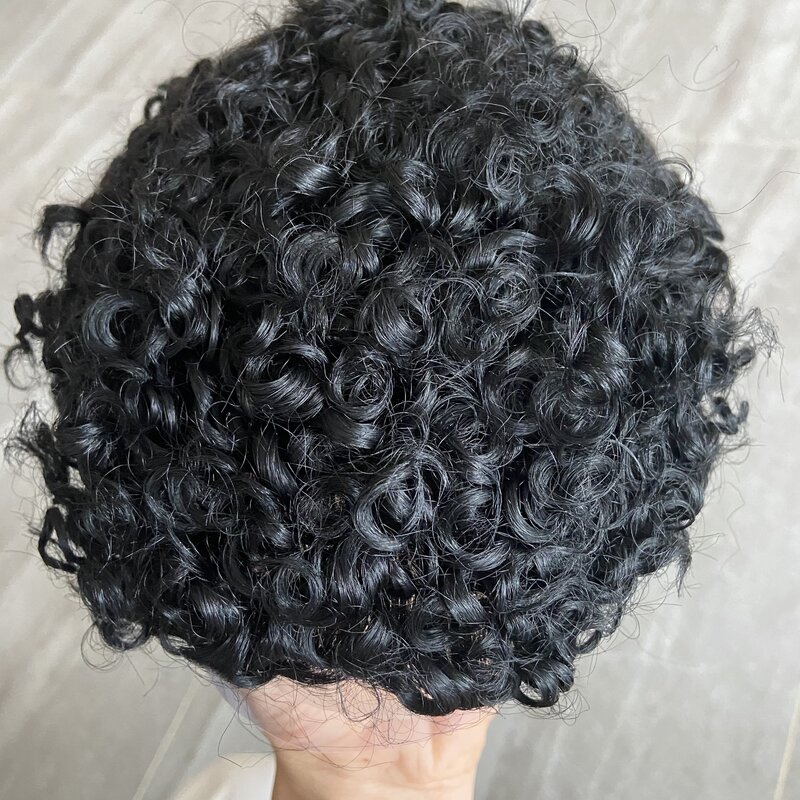Cool Man Black 15mm Curly Men Human Hair Toupee Durable Fine Mono PU Base Man Hair Prothesis System Hairpieces Natural Look