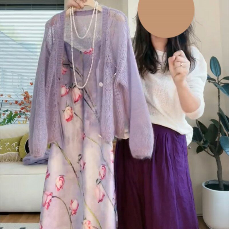 여성용 퍼플 니트 블라우스 슬립 원피스 세트, 한국 스타일