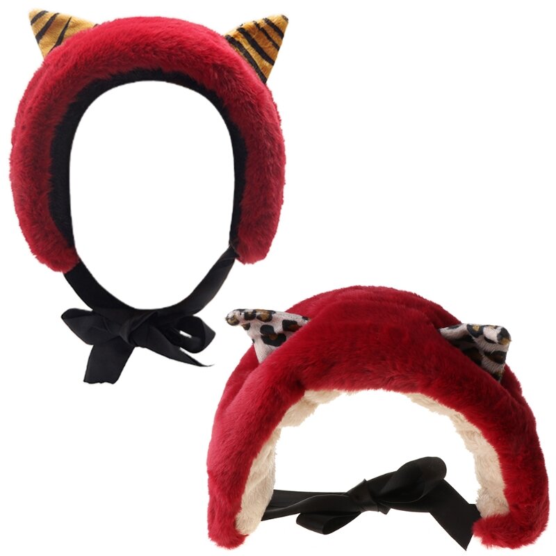 สไตล์ญี่ปุ่นใหม่ผู้หญิงฤดูหนาว Thicken Fuzzy Plush Earmuffs แถบคาดศีรษะน่ารักสำหรับแมวหู LACE-Up Bowknot Earflap Hairband