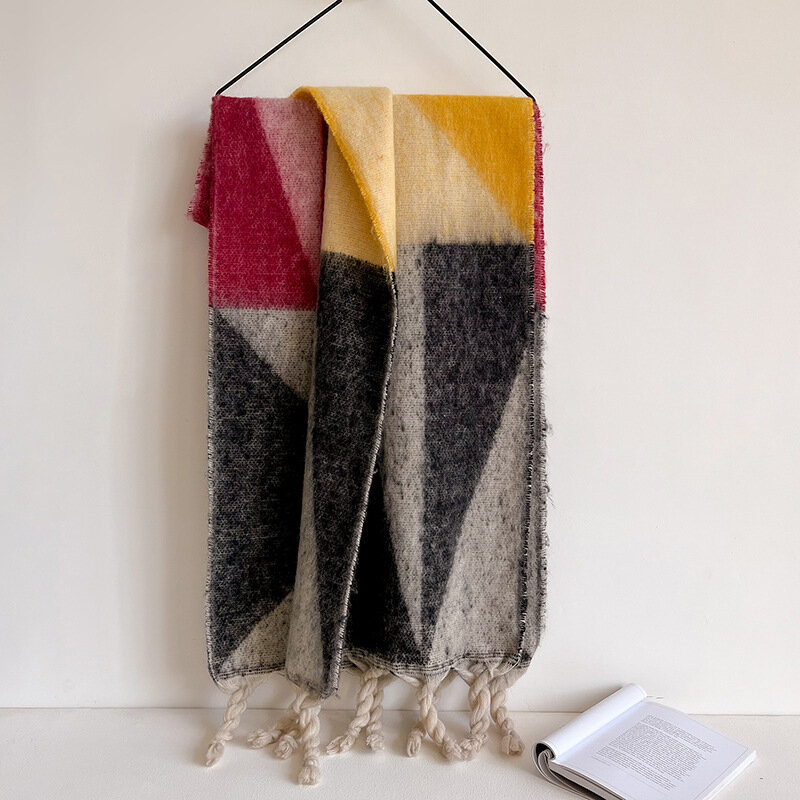 2023 New Geometry Mohair Tassel Scarf Women Korean Version Autumn and Winter Thickened Imitation Cashmere Warm Collar Long Shawl