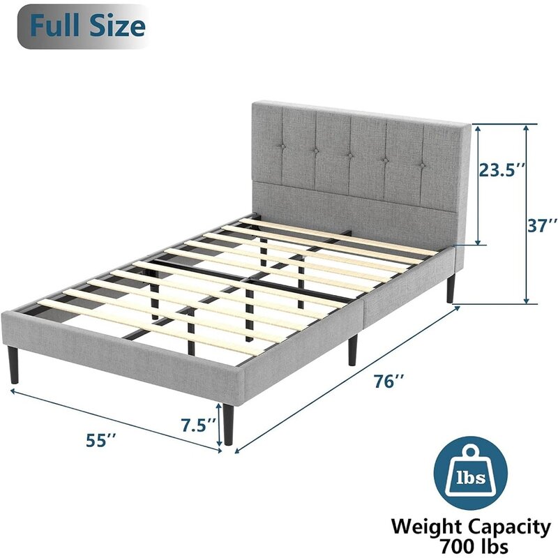 Full Size Stof Gestoffeerd Platform Bed Frame Met Knop Getuft Hoofdeinde, Matrasfundering Met Metalen Houten Lamellensteun