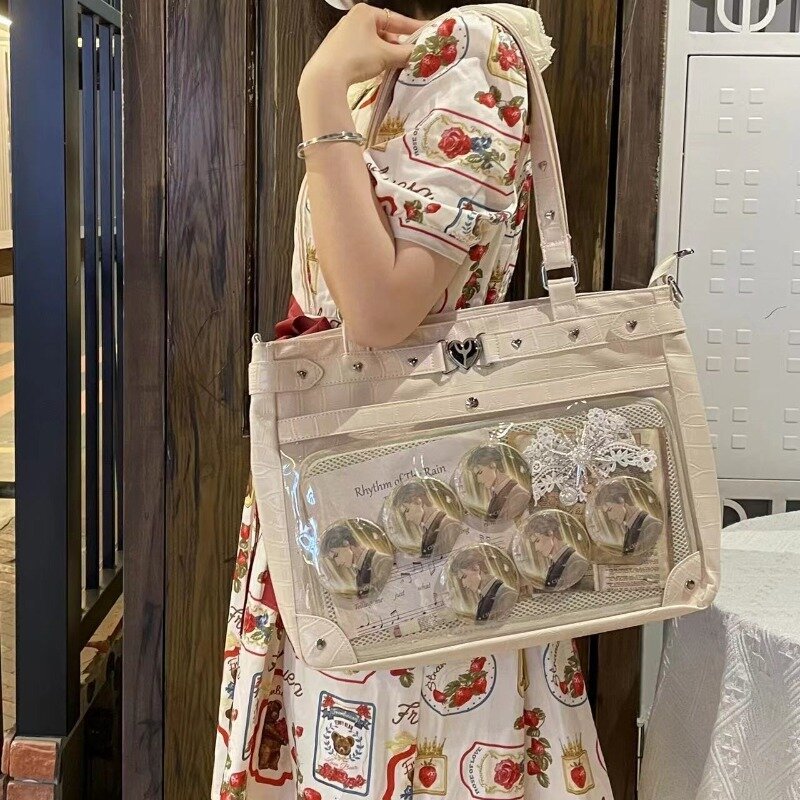 Сумка-тоут Xiuya Y2k Женская в японском стиле, кожаная винтажная прозрачная сумочка на плечо, большой вместимости в стиле «Лолита Jk»