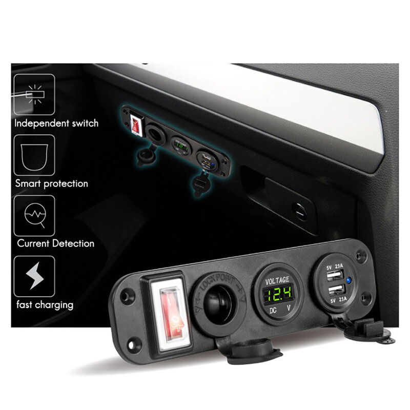 Panel de toma de corriente 4 en 1, cargador de encendido/apagado, doble toma USB, voltímetro LED, 12V, interruptor de palanca para coches y autocaravanas