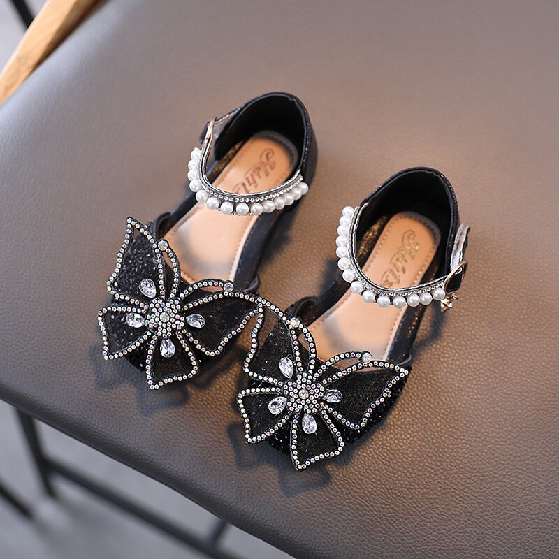 Sandalias de verano para niñas, zapatos de princesa con lazo de diamantes de imitación y lentejuelas, zapatos de tacón plano, talla 21-35