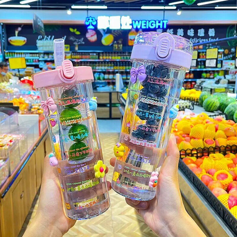 700ML Straw Water Cup Female Large Capacity Plastic Cup Cute Student Summer With Filter Fruit Flower Tea Cup