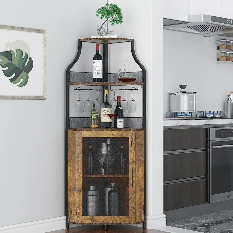 Armoire d'angle avec perfecWine T1, armoire de bar à vin avec porte de grange et étagères réglables, armoire à vin industrielle
