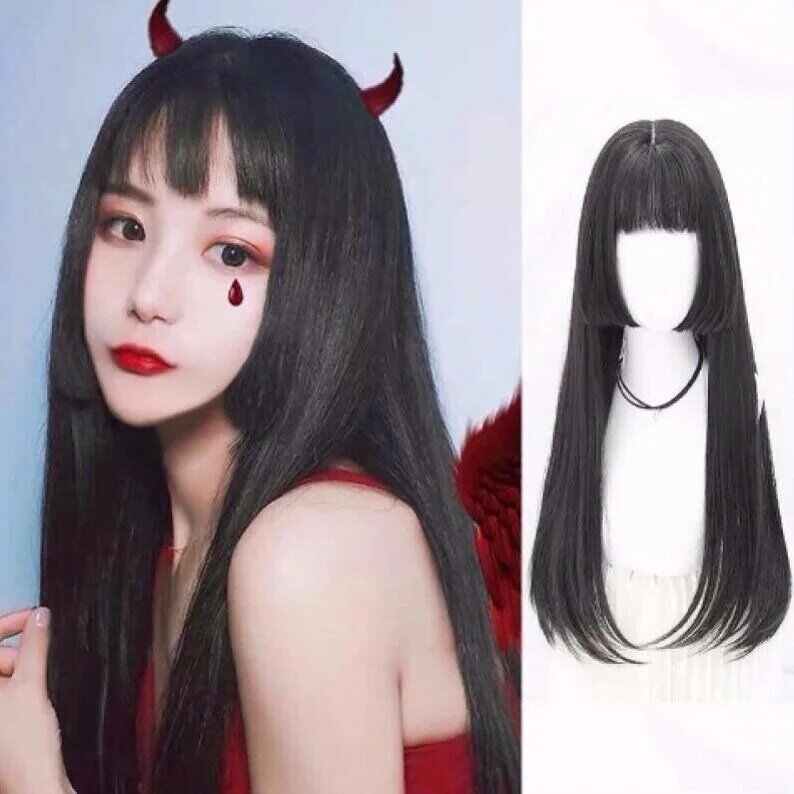Synthetic Red Black Pink White Lolita Wigs For Women Long Straight Wig With Bangs Genshin Impact Cosplay Wig