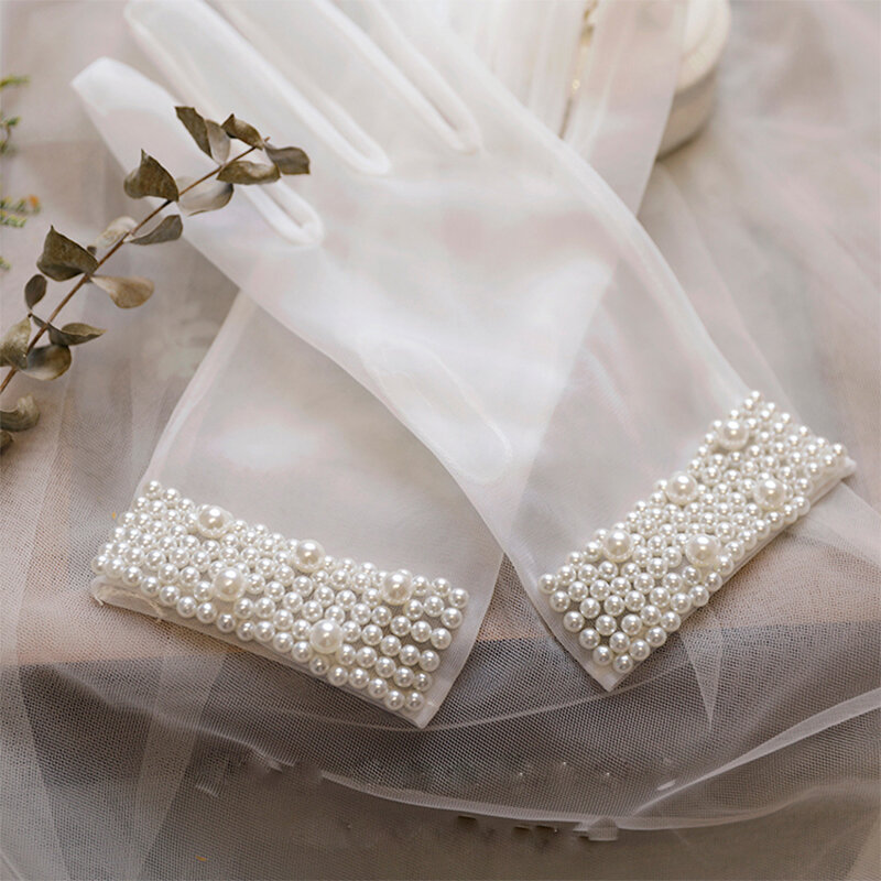 女性用の白いチュールグローブ,結婚式の手首の長さの真珠,豪華なパーティーのためのチュール膣,短いluvas de noiva