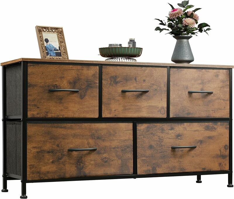 WLIVE Dresser for Bedroom with 5 Drawers, Wide Chest of Drawers, Living Room, Hallway， Rustic Brown Wood Grain Print