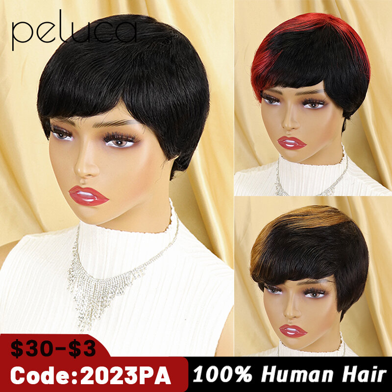 Pelucas de cabello humano brasileño sin pegamento para mujeres negras, pelo corto recto con corte Pixie, hecho a máquina con flequillo, barato