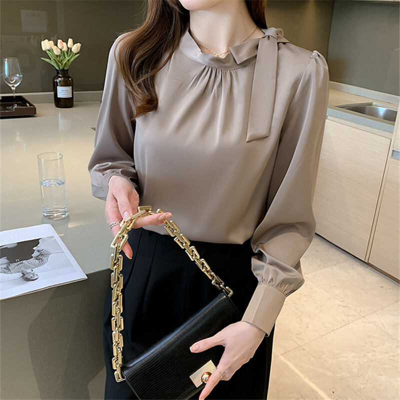 Женская офисная блузка с длинным рукавом, элегантная повседневная Свободная блузка кофейного цвета с круглым вырезом и бантом в Корейском стиле на осень, 2023