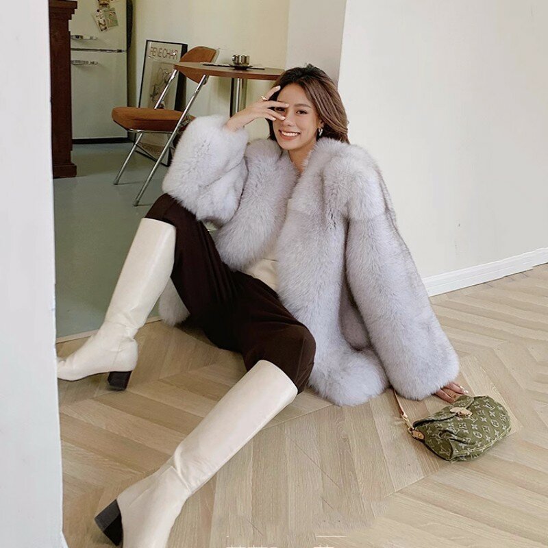2023 New Fashion Blue Fox Fur Coat donna scollo a v nero 100% vera volpe intera pelle pelliccia inverno spessa morbida calda giacca di pelliccia di volpe