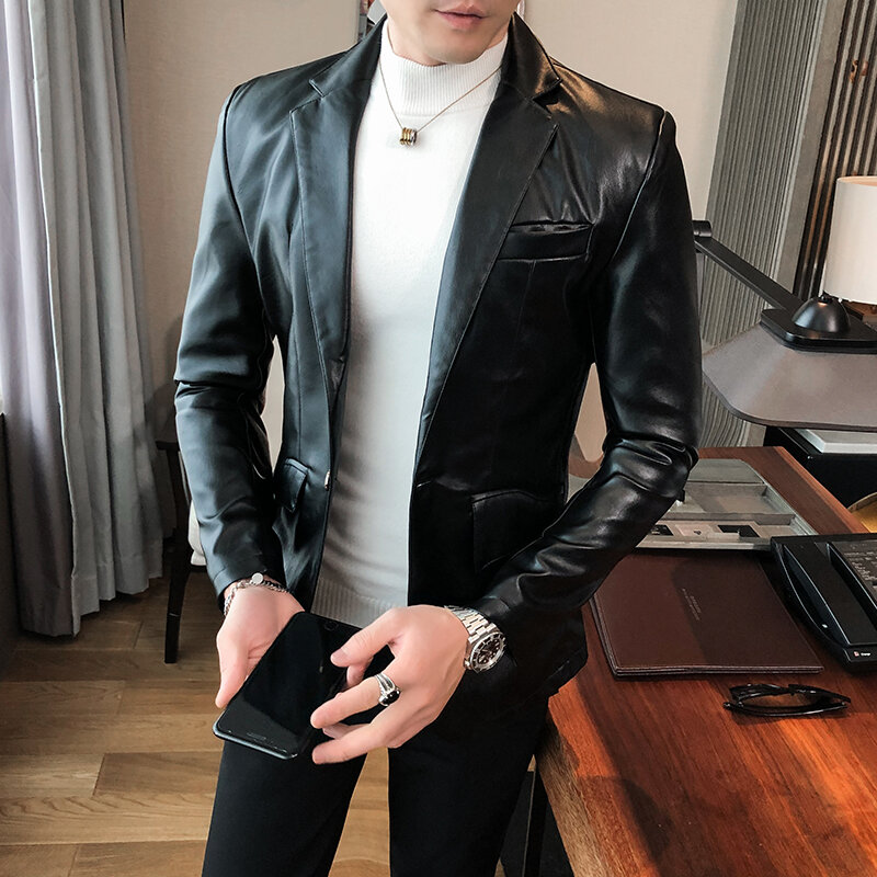 Conjunto de terno de luxo masculino, jaqueta de couro elegante, terno de textura slim fit, terno de alta qualidade, colarinho jaqueta de couro