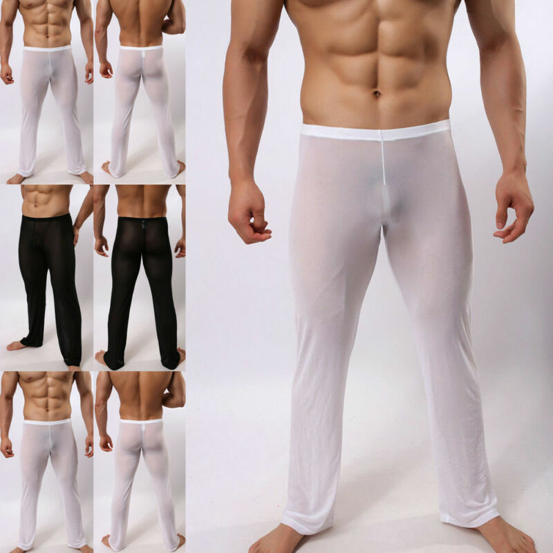 Hirigin-Pantalones elásticos transparentes para hombre, ropa de dormir Sexy, de malla suave, para el hogar