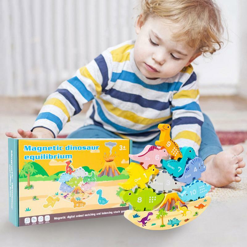 Juguete de apilamiento de dinosaurios de madera para niños pequeños, juguetes de dinosaurios magnéticos para niños, juguetes de dinosaurios para aula preescolar, juguetes de dinosaurios de madera para niños