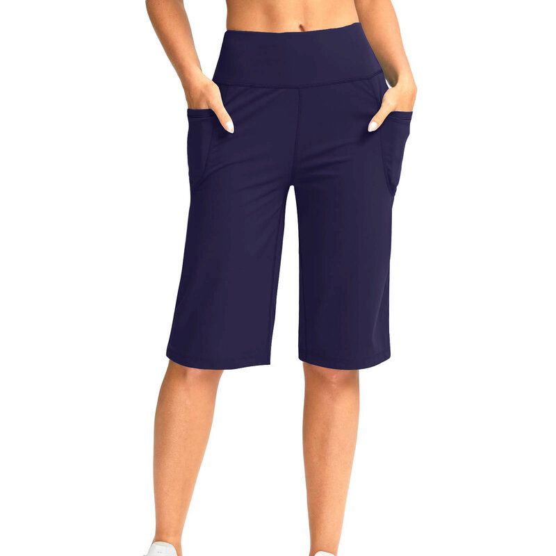 Pantalones cortos de longitud media para mujer, Shorts holgados de Color sólido, cintura alta elástica con bolsillos, informales, 2024
