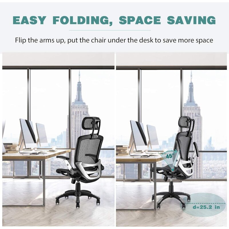 Ergonomic Mesh Office Chair, High Back Desk Chair - Adjustable Headrest with Flip-Up Arms, Tilt Function, Lumbar Support