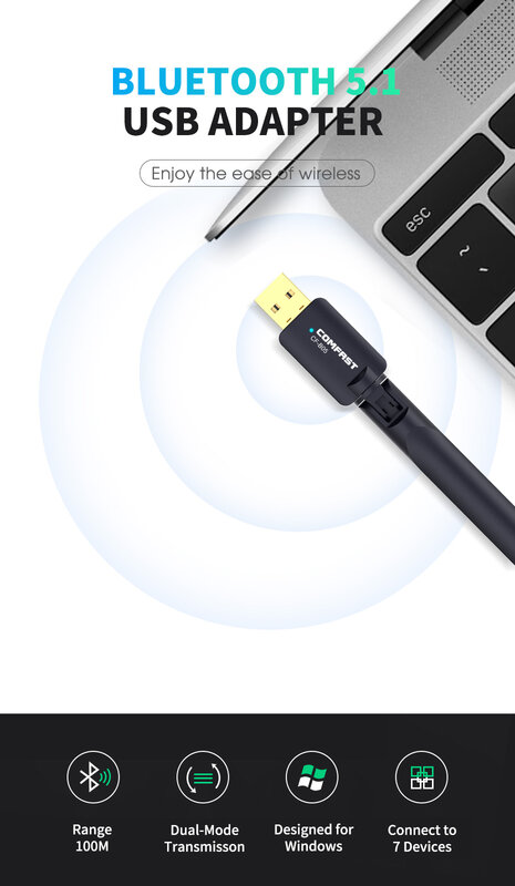 Comfast-Adaptador USB Bluetooth 100 de largo alcance, adaptador de alta ganancia para PC y escritorio, portátil, Dongle Bluetooth, transferencia de receptor inalámbrico, 5,1 M