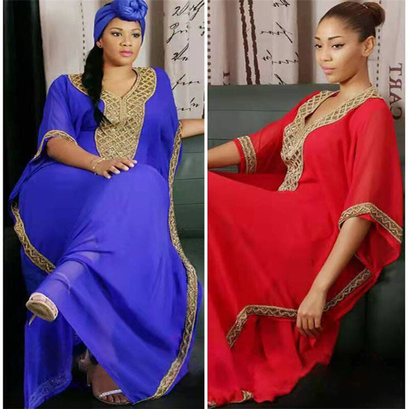 เสื้อผ้าเสื้อคลุมยาวชีฟองของผู้หญิงมุสลิมสไตล์แอฟริกันกระโปรงสไตล์ชาติพันธุ์ชุดสีทึบขนาดใหญ่8008 #