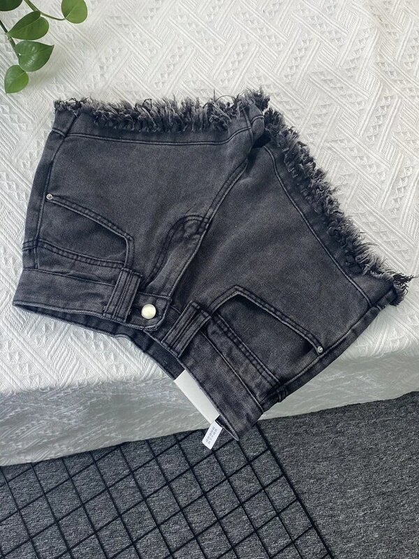 Shorts largos vintage de cintura alta feminino, preto, verão, Harajuku, estilo coreano, borla, solto, linha A, calça curta, streetwear dos anos 2000
