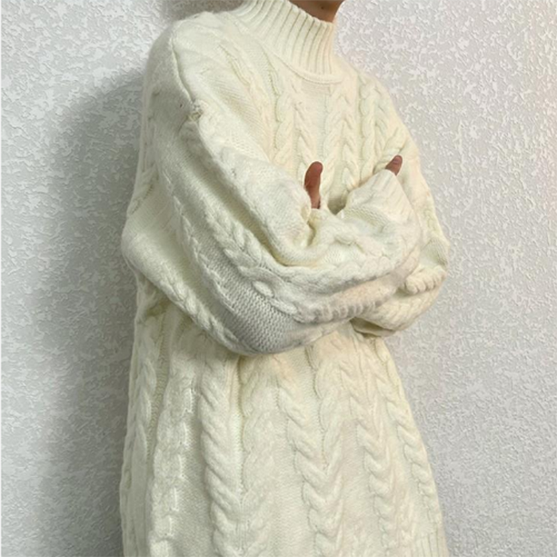 Suéter de flor torcida meio gola alta masculino, suéter quente casual solto coreano, pulôver de malha grossa masculino, simplicidade, inverno