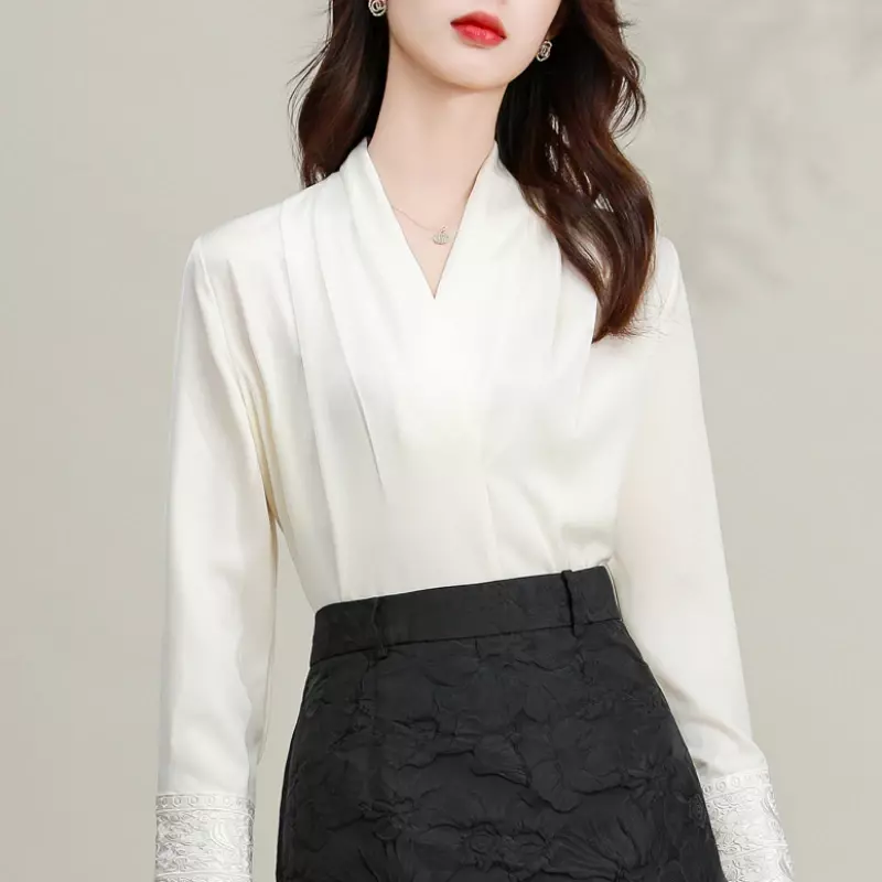 Satin hemd im chinesischen Stil für Frauen, Vintage-Seiden blusen, feste Kleidung, lose, Frühlings-, Sommer-und Damen oberteile mit V-Ausschnitt