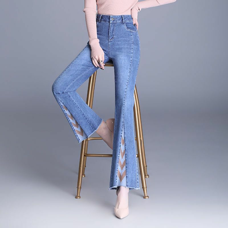 Streetwear Mode Vrouwen Slanke Kant Split Micro Uitlopende Jeans Koreaanse Lente Herfst Effen Nieuwe Kantoor Dame Losse Casual Denim Broek