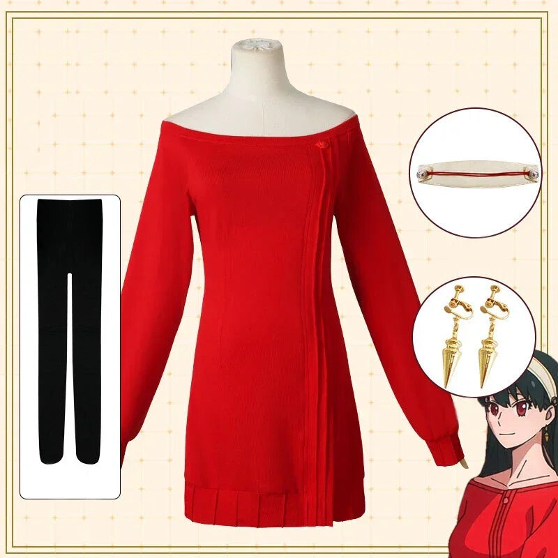 Yor Forger Cosplay kostum Sweater rajut merah panjang pakaian wanita keluarga mata-mata Anime